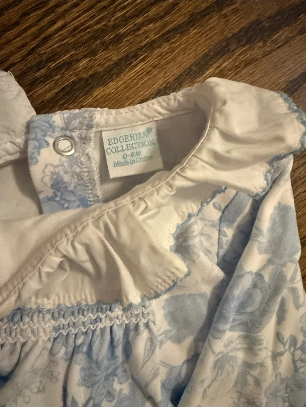 Edgehill Collection Blue and White Floral Gown with Ruffle Collar 0-6M